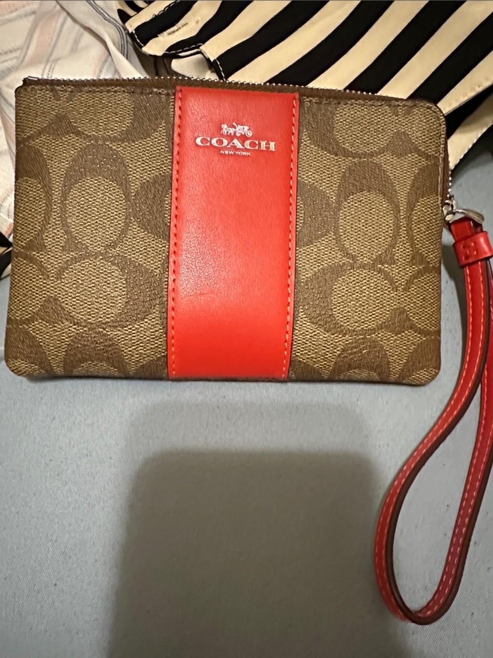 Coach Brown Signature Canvas Wristlet with Red Stripe